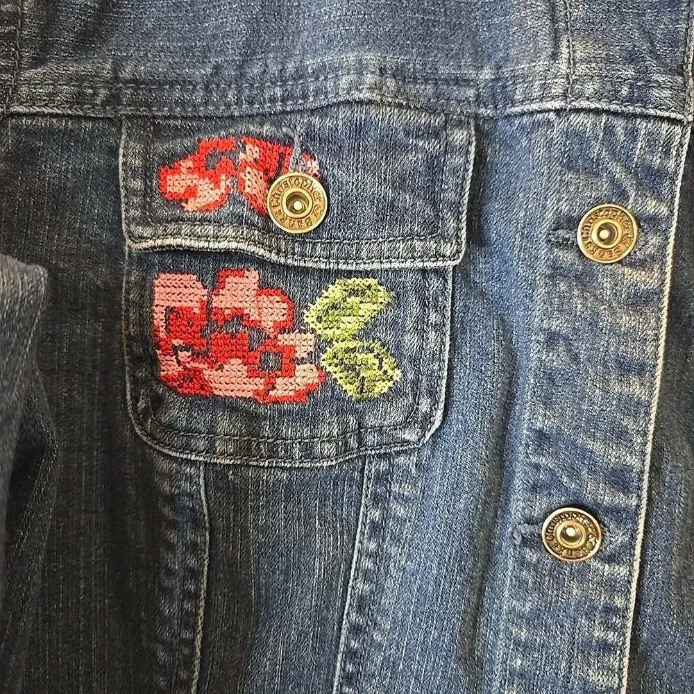 Christopher & Banks Floral Embroidered Denim Jean Jacket Stretch Sz L‎ Boho